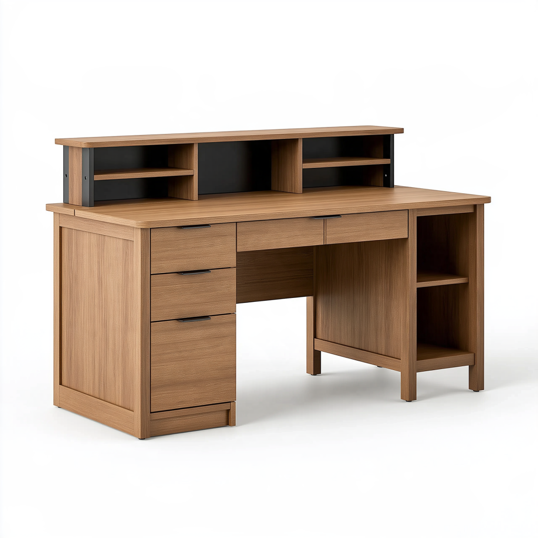 Bureau informatique 140 cm en bois marron avec rangements style contemporain