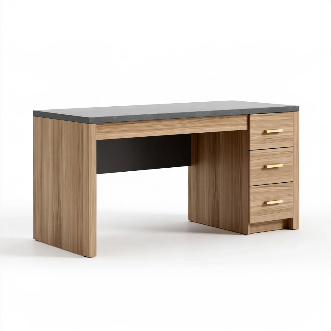 Bureau 140 cm en panneaux effet bois marron avec plateau gris et 3 tiroirs