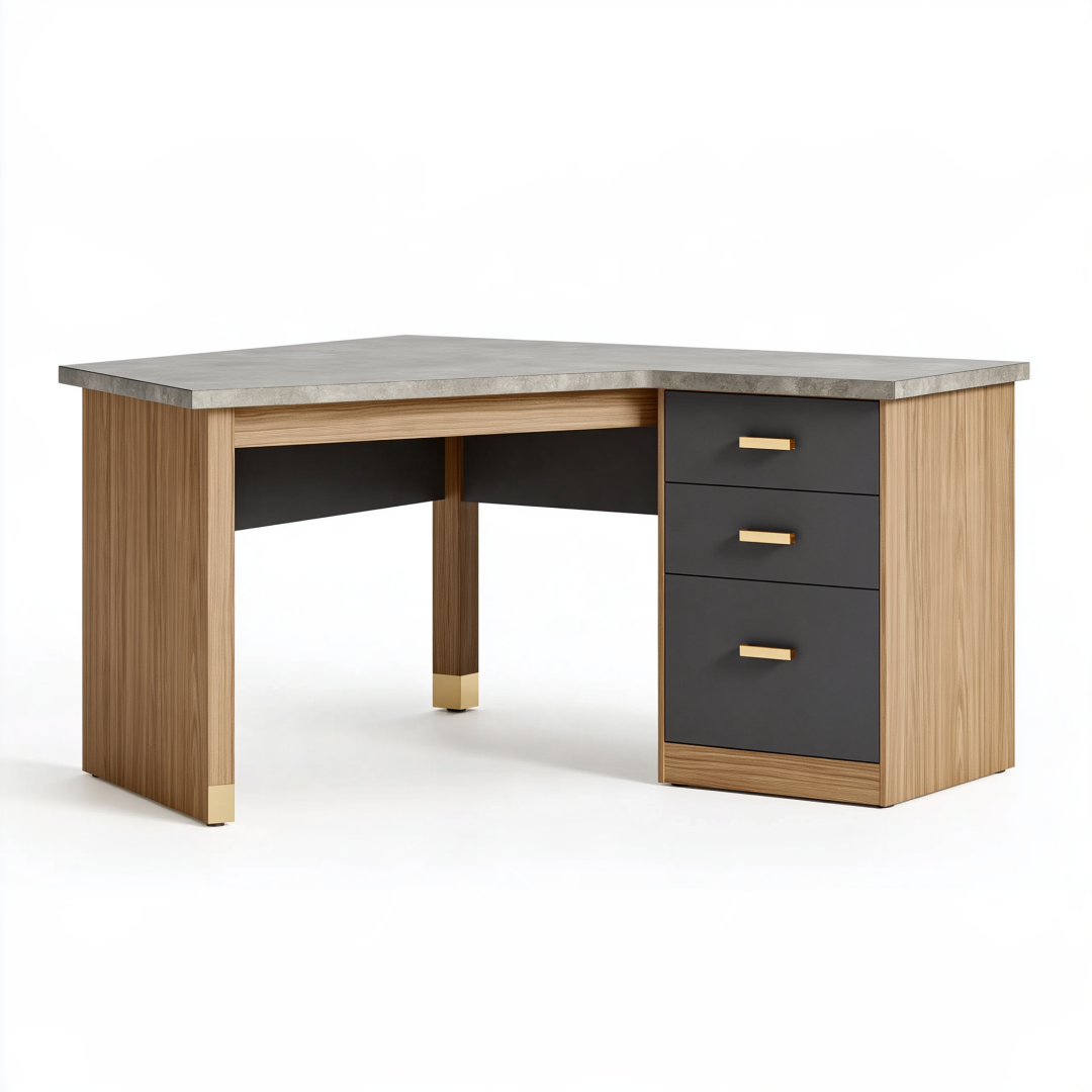 Bureau 140 x 60 x 75 cm effet bois chêne gris anthracite avec 3 tiroirs style contemporain