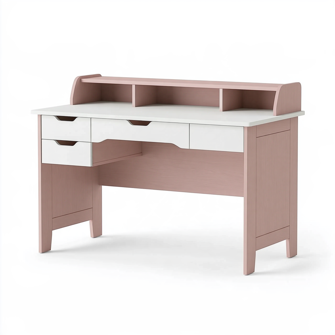 Bureau avec rangement 120 x 60 x 105 cm en panneaux de bois rose et blanc avec tiroirs et étagères