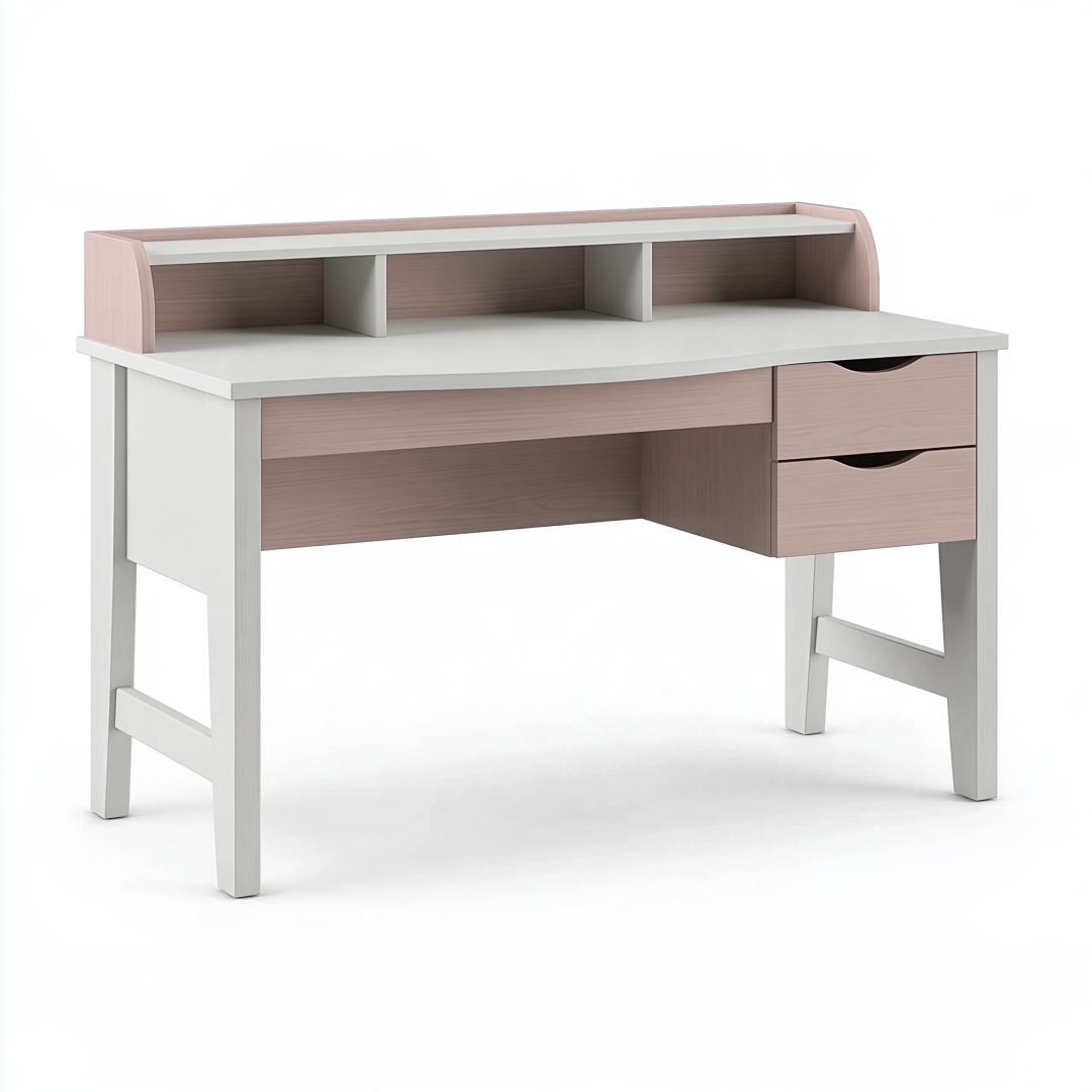Bureau 120 x 60 x 100 cm en panneaux de bois blanc et rose avec étagères et tiroirs