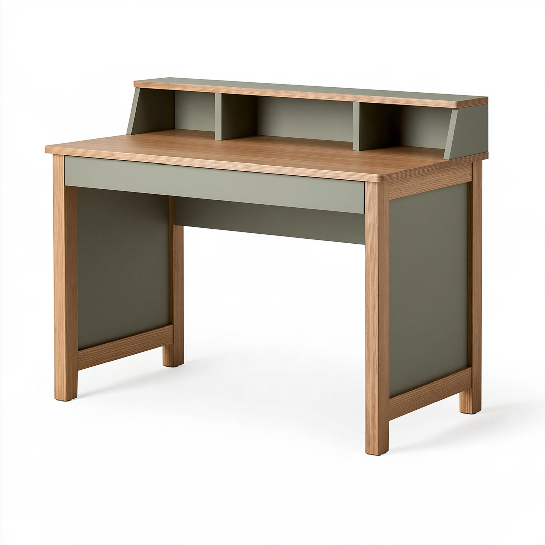 Bureau 120 x 60 x 105 cm en panneaux effet chêne vert kaki avec étagères style scandinave