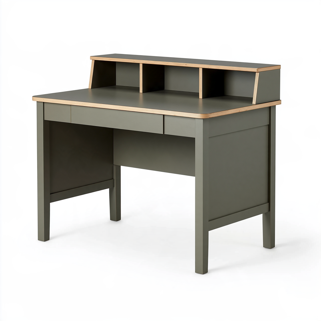 Bureau 120 x 60 cm en panneaux de bois vert foncé avec rangement style moderne