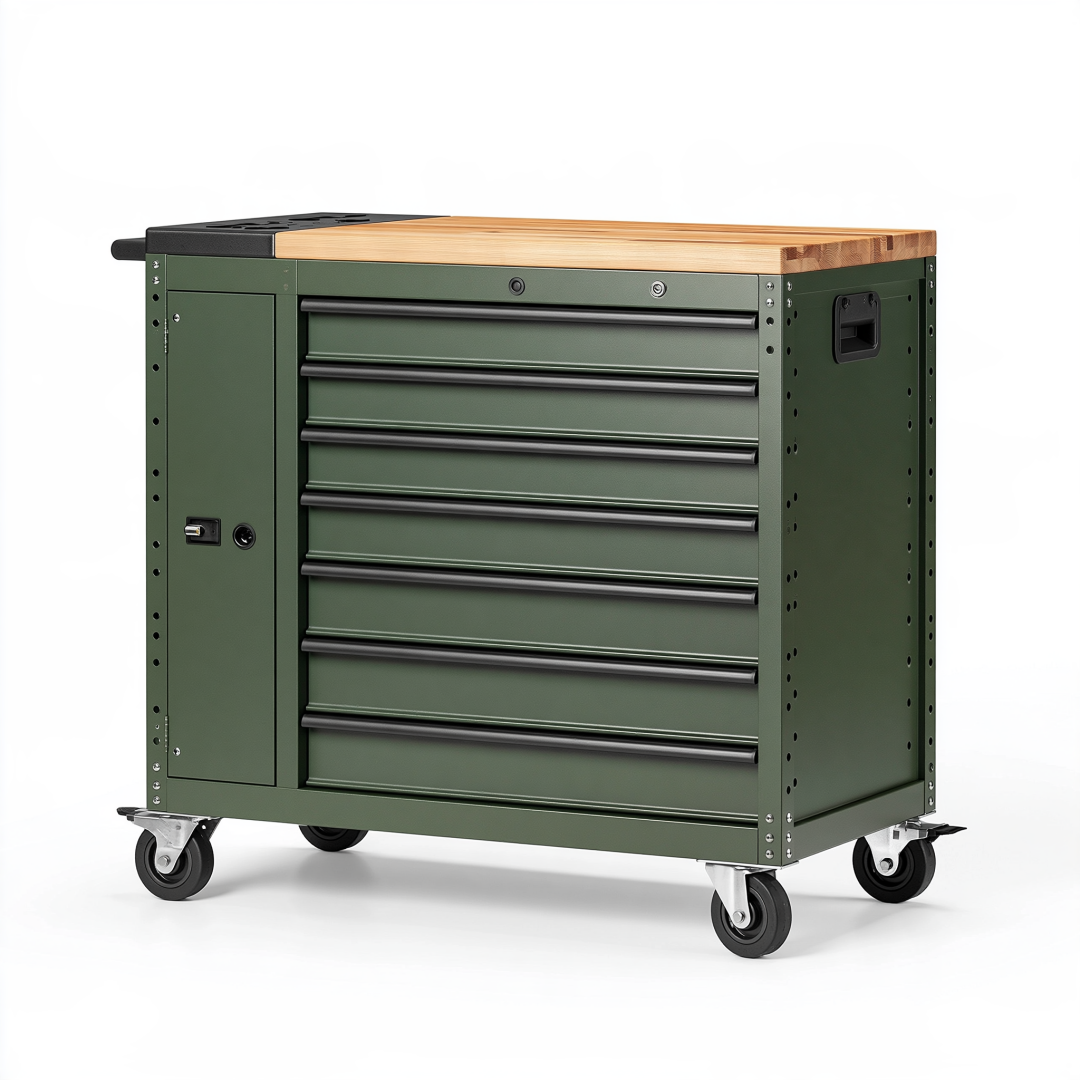 Établi roulant à outils 100 x 50 x 95 cm en acier vert avec plateau en bois