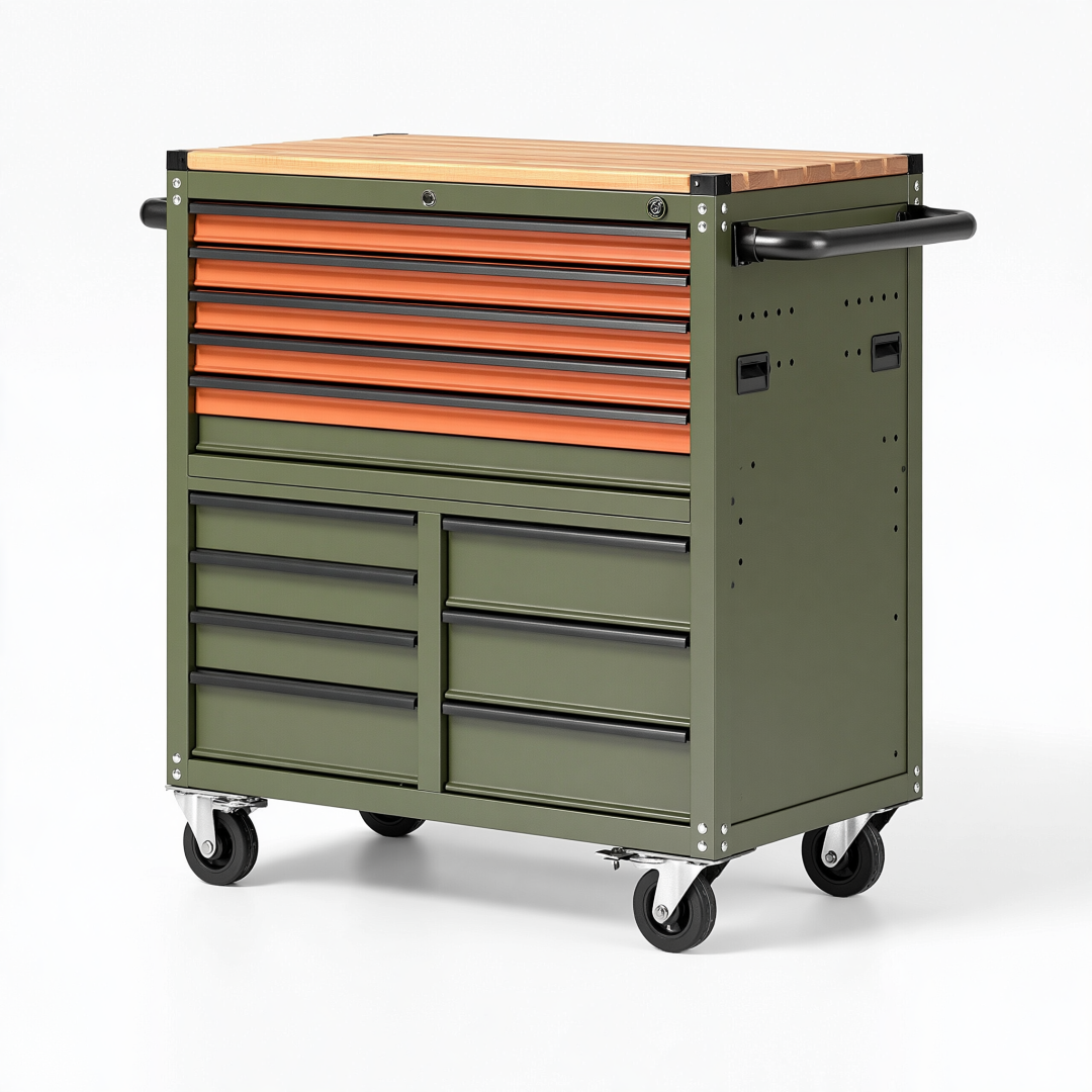 Servante d'atelier 90 x 50 x 95 cm en acier vert avec plan de travail en bois et roulettes