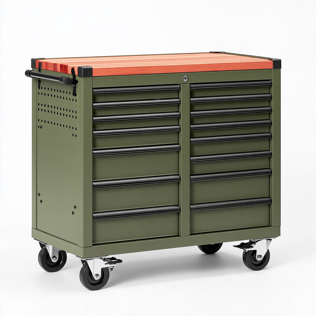 Servante d atelier 110 x 55 x 95 cm en acier vert avec 15 tiroirs et plateau en bois sur roulettes