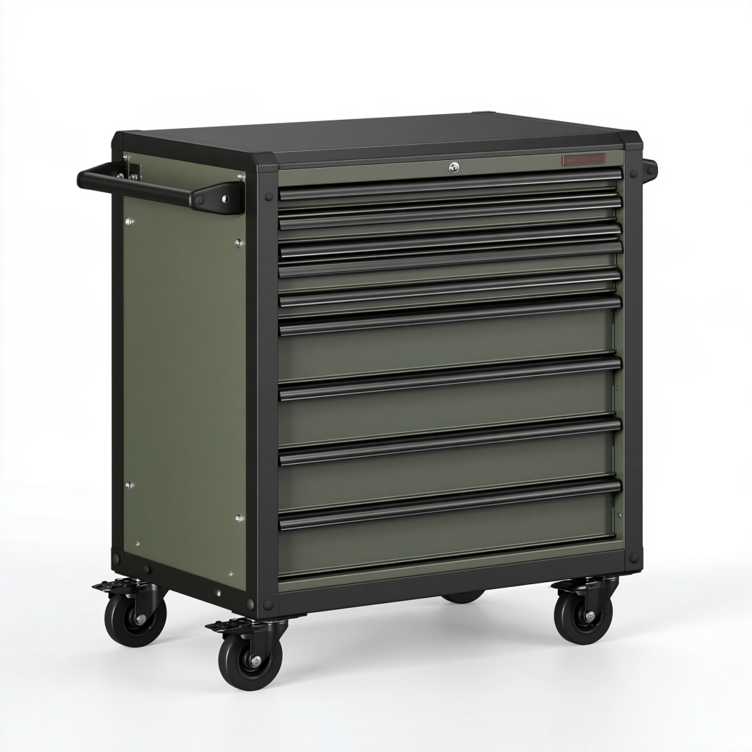 Servante d atelier 77 x 46 x 98 cm en acier vert olive et noir à 9 tiroirs sur roulettes