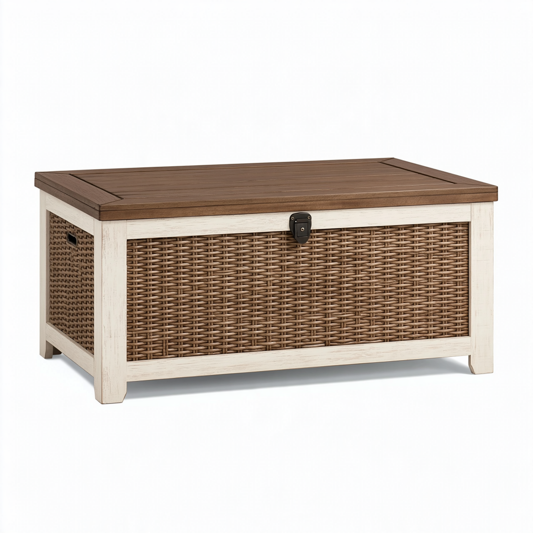 Coffre de rangement 100 x 45 x 50 cm en bois et résine tressée marron et blanc style rustique avec couvercle