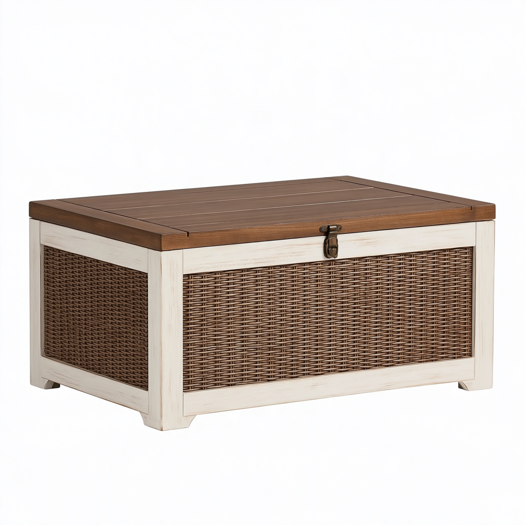 Coffre de rangement 100 x 50 x 50 cm en bois brun et blanc à couvercle tressé