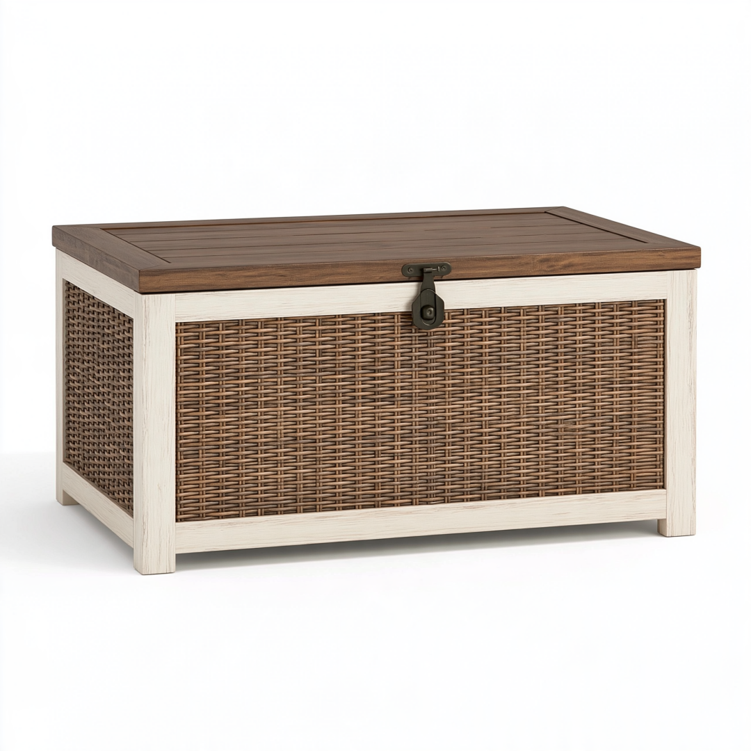 Coffre de rangement 90 x 45 x 50 cm en bois et résine tressée marron/blanc style rustique
