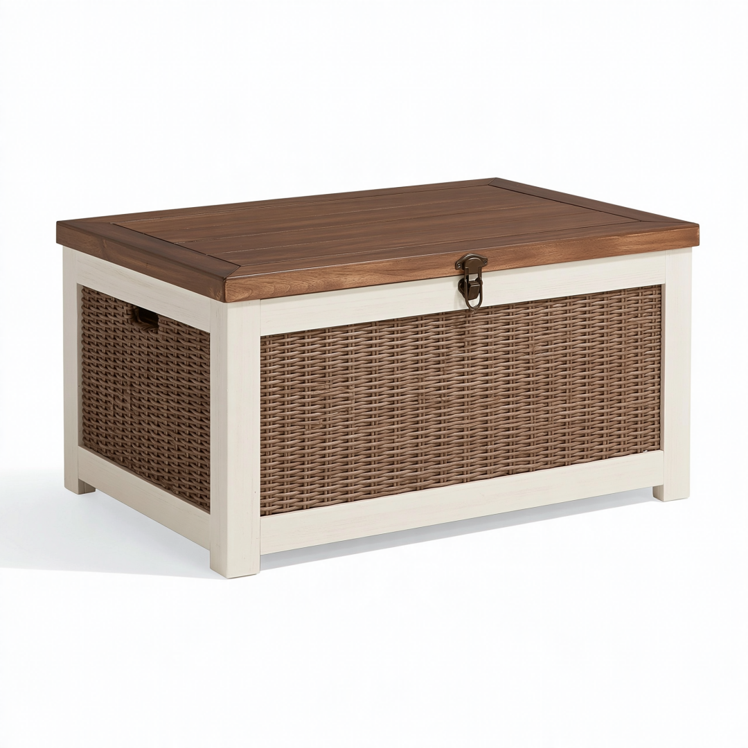 Coffre de rangement 80 x 45 x 45 cm en bois et osier marron blanc à couvercle