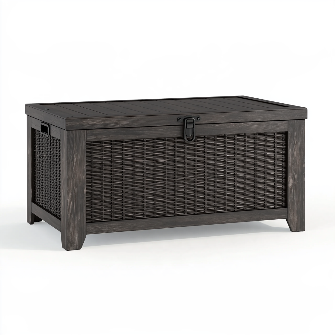 Coffre de rangement extérieur 120 x 55 x 60 cm en bois et résine tressée noir avec couvercle