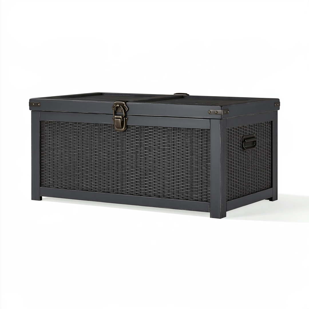 Coffre de rangement 120 x 60 x 60 cm en résine tressée noir style contemporain avec couvercle