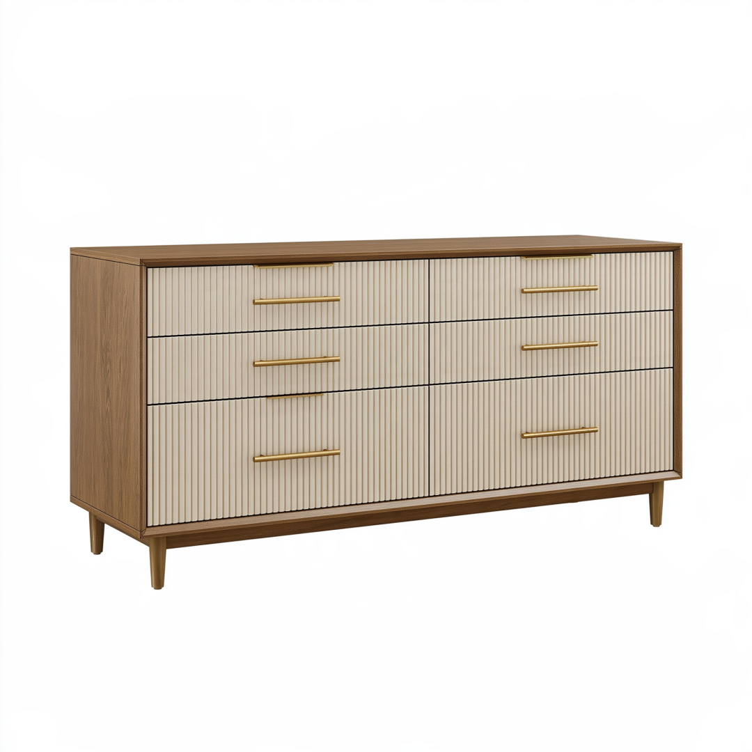 Commode 160 cm aspect bois marron beige à 6 tiroirs style contemporain
