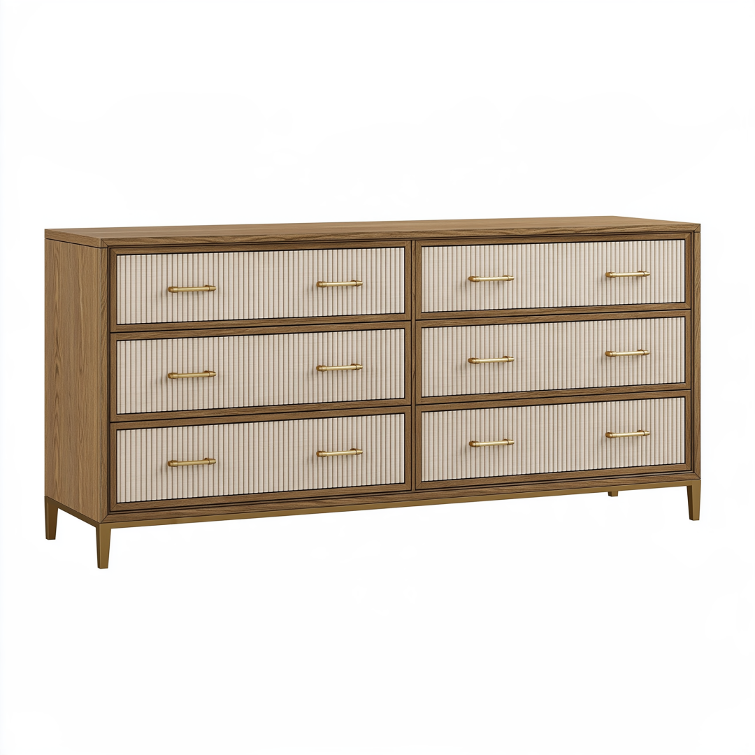 Commode 160 x 40 x 85 cm en panneaux finition noyer beige à 6 tiroirs style contemporain