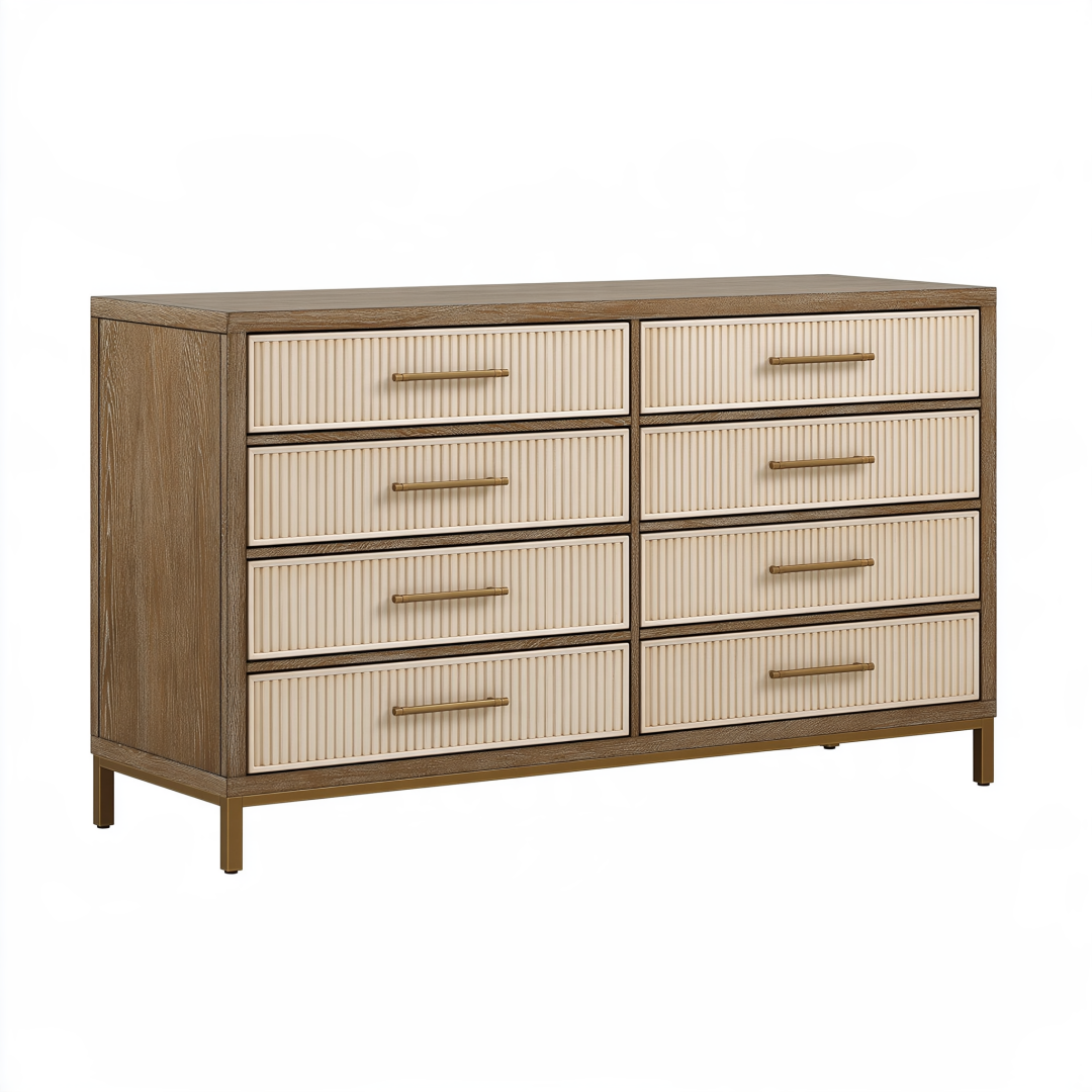 Commode 160 x 45 x 90 cm bois brun et beige à 8 tiroirs style contemporain