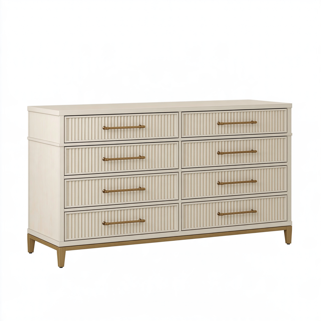 Commode 160 x 45 x 90 cm en bois crème à 8 tiroirs style contemporain