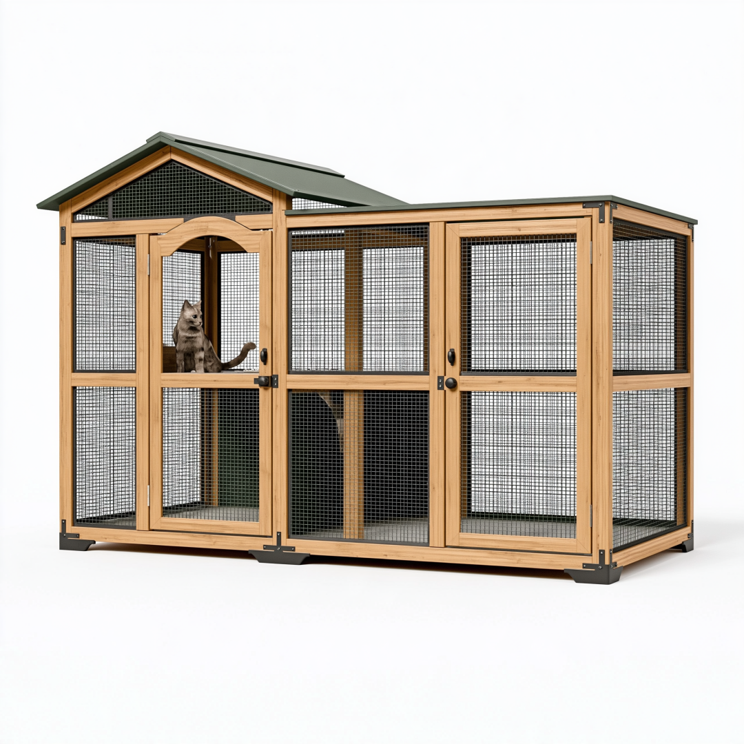 Enclos extérieur pour chat 220 x 120 x 180 cm en bois et métal naturel avec toit incliné