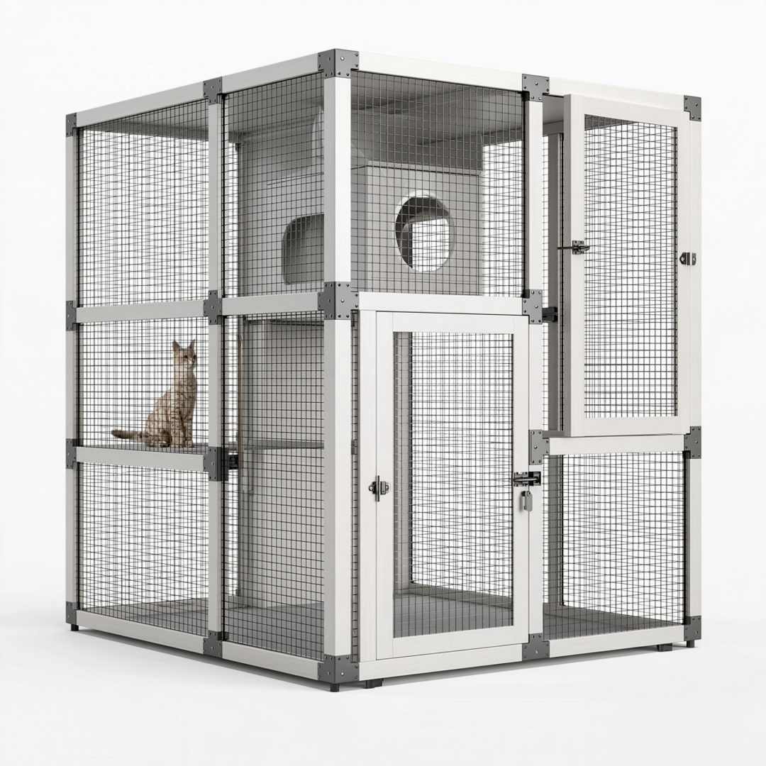 Enclos pour chat 120 x 80 x 180 cm en bois blanc et grillage métallique à niveaux