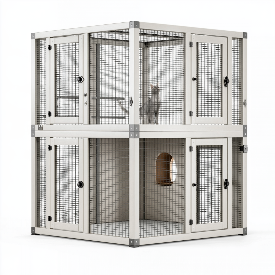 Cage pour chat 120 x 60 x 120 cm en métal blanc à deux niveaux avec portes grillagées