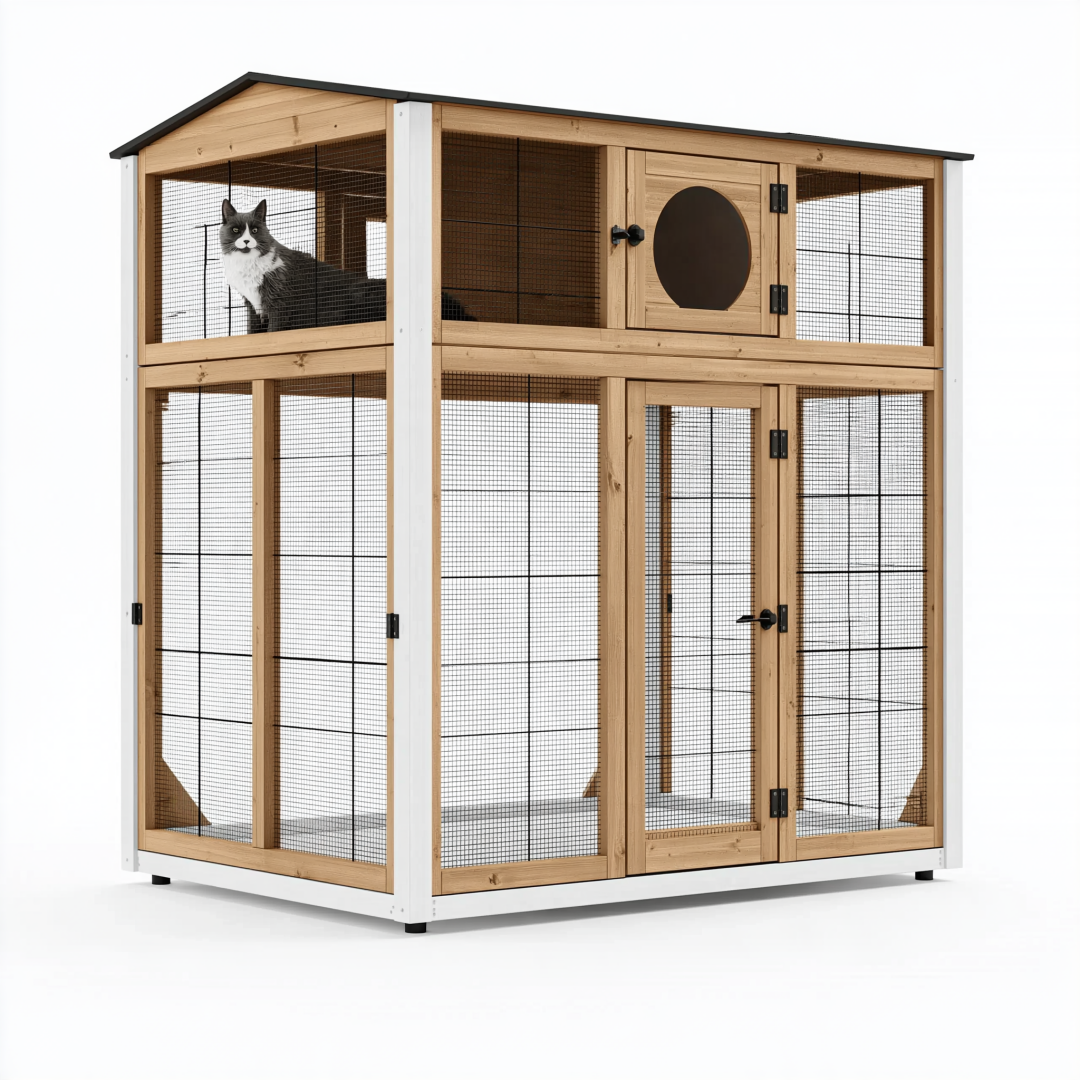 Enclos extérieur pour chat 180 x 90 x 180 cm en bois naturel métal noir et blanc à deux niveaux