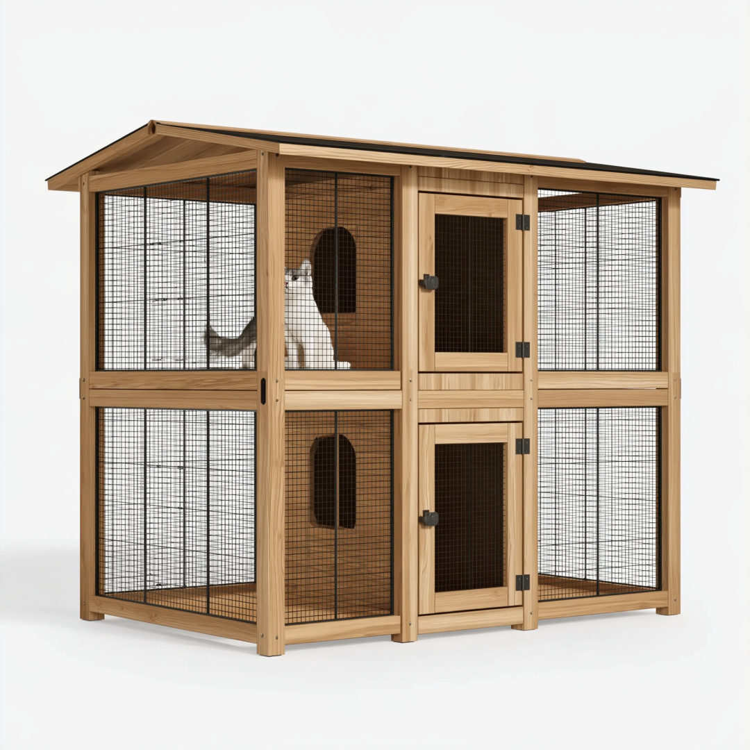 Enclos extérieur pour chat 180 x 90 x 180 cm en bois naturel et métal noir avec toit couvert