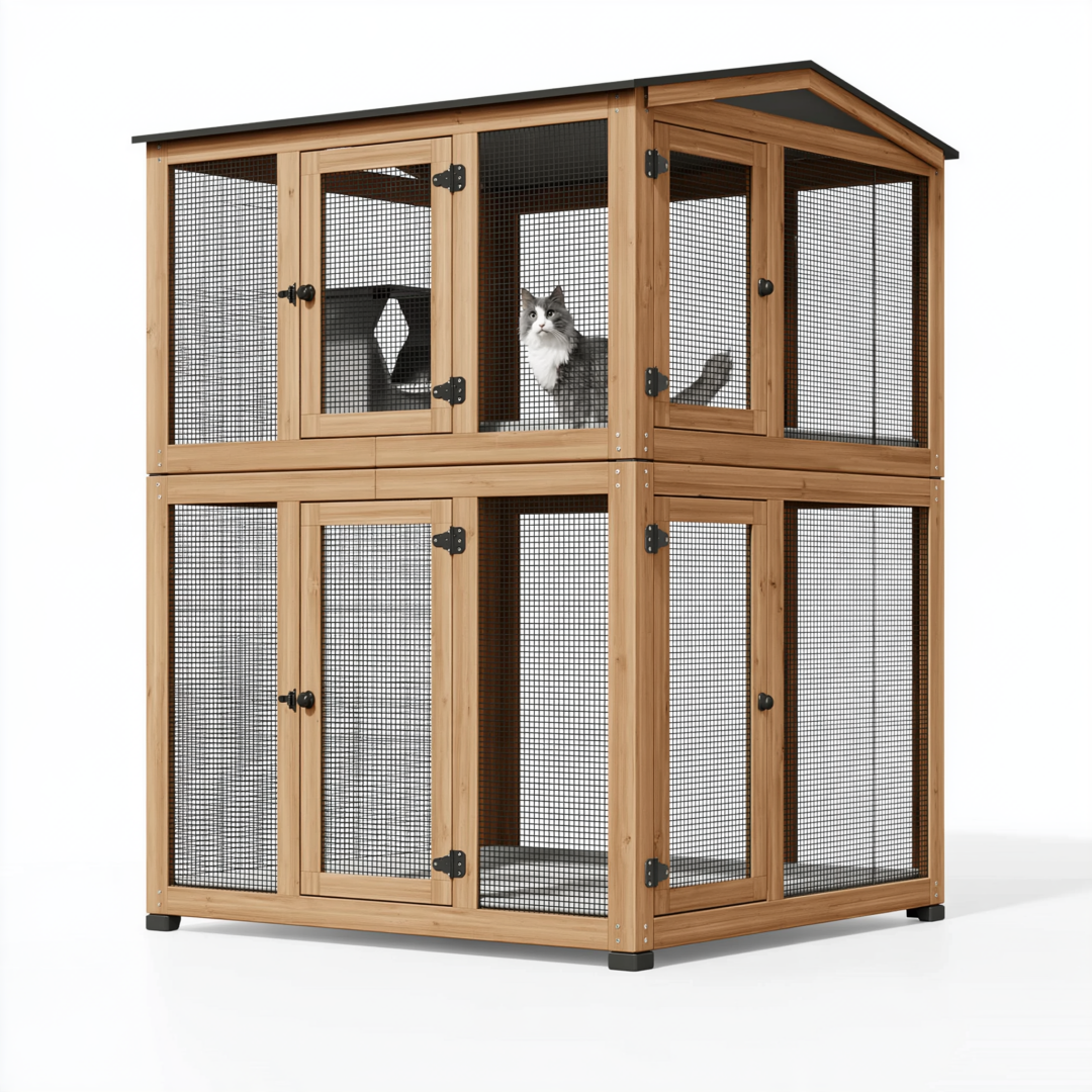 Enclos pour chat 120 x 60 x 160 cm en bois naturel et métal noir à deux niveaux avec toit