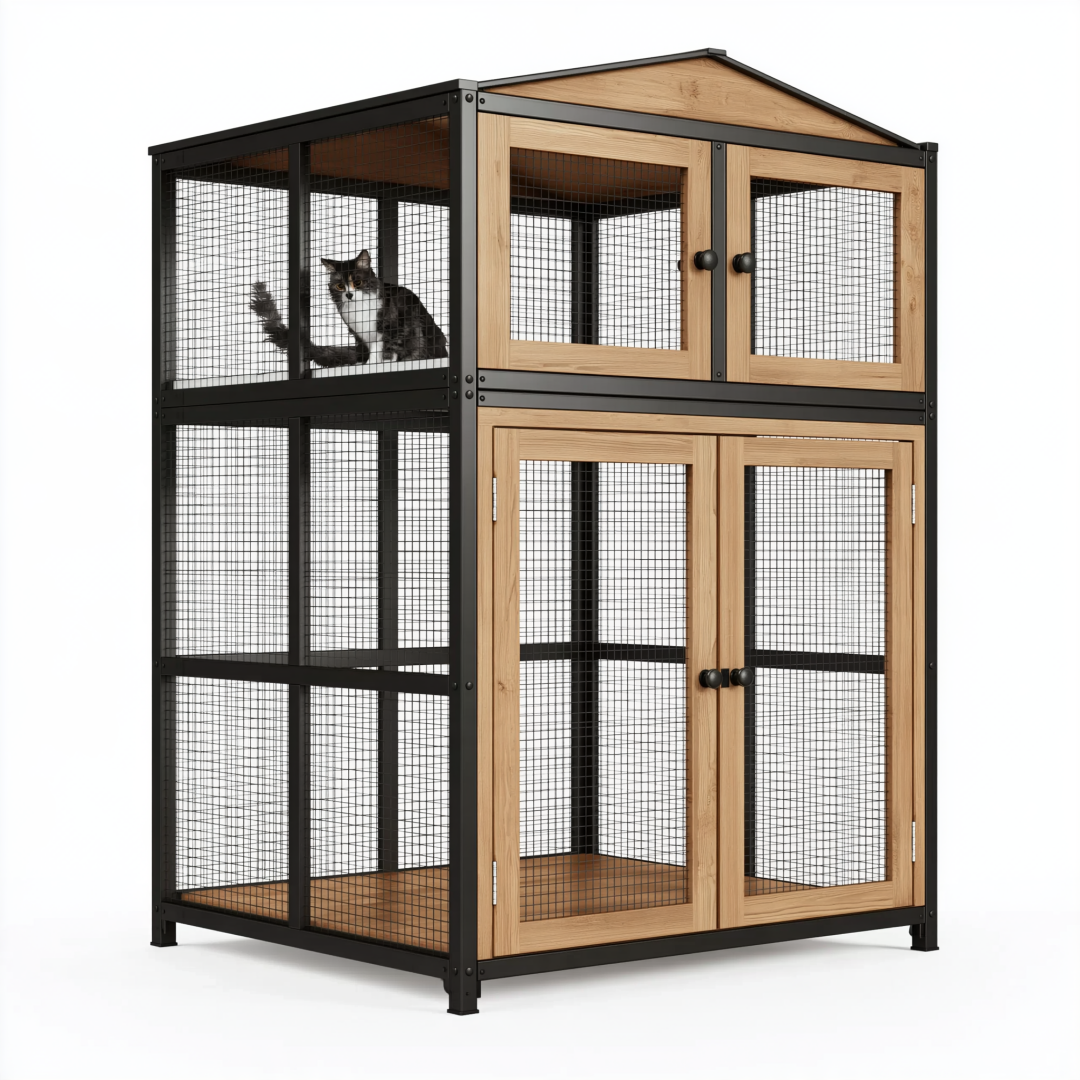 Enclos pour chat 120 x 80 x 180 cm en bois et métal naturel noir avec portes grillagées