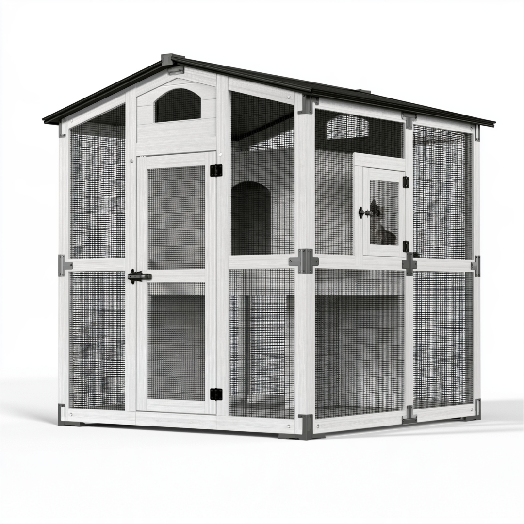 Enclos extérieur pour chat 180 x 120 x 180 cm en bois blanc et maille métallique avec toit