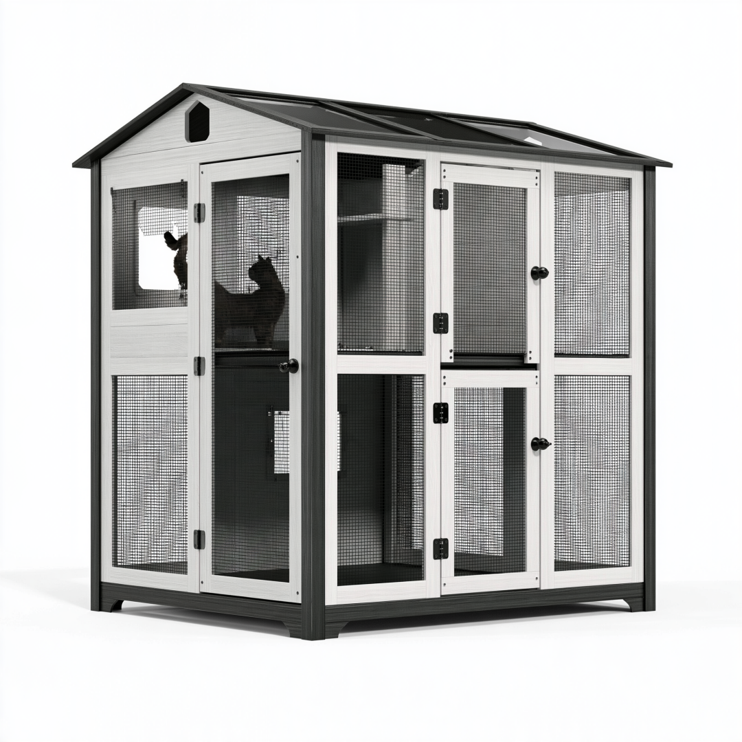 Enclos extérieur pour chats 180 x 90 x 180 cm en bois et métal blanc noir avec toit