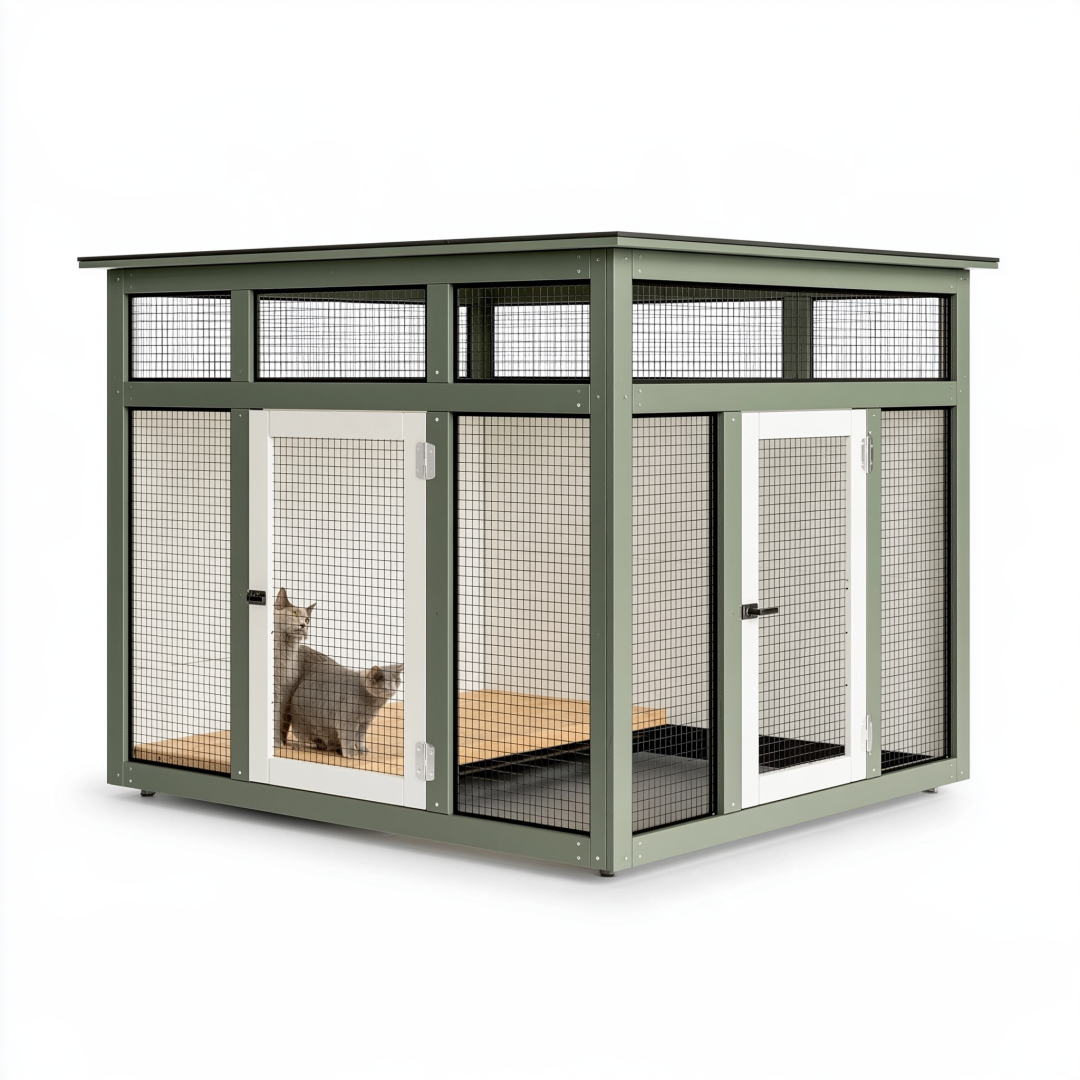 Enclos extérieur pour chats 180 x 90 x 180 cm en bois vert avec grillage métallique et toit