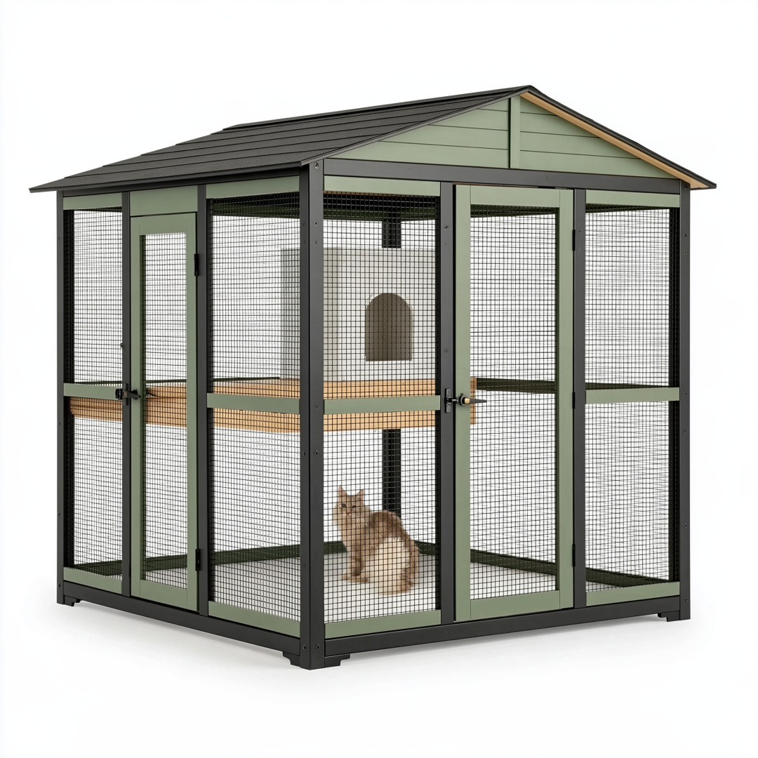 Enclos extérieur pour chat 180 x 120 x 180 cm en métal vert et noir avec toit abrité