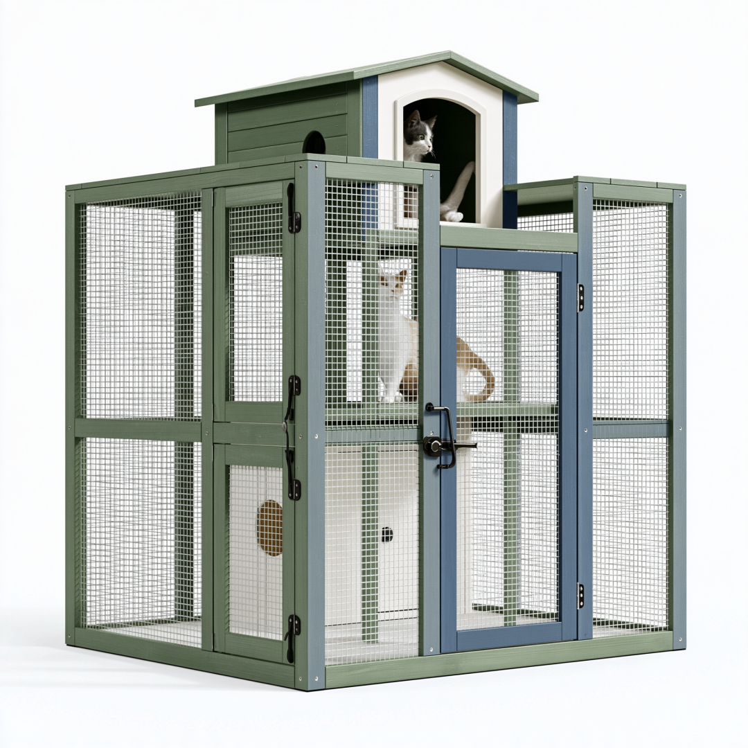 Enclos pour chats 180 x 90 x 180 cm en bois et métal vert bleu avec niche extérieure