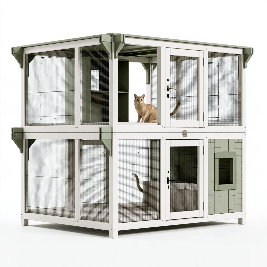 Enclos extérieur pour chat 180 x 120 x 200 cm en métal blanc et vert avec grillage à deux niveaux
