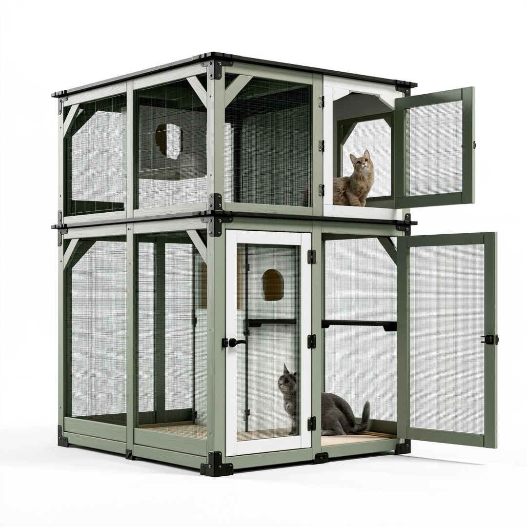 Enclos pour chat 120 x 80 x 180 cm en bois et métal vert avec grillage et portes