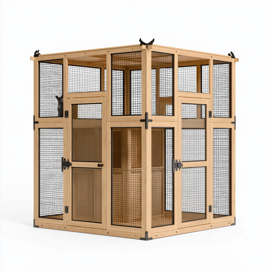 Enclos extérieur pour chats 180 x 120 x 200 cm en bois naturel et métal noir avec portes