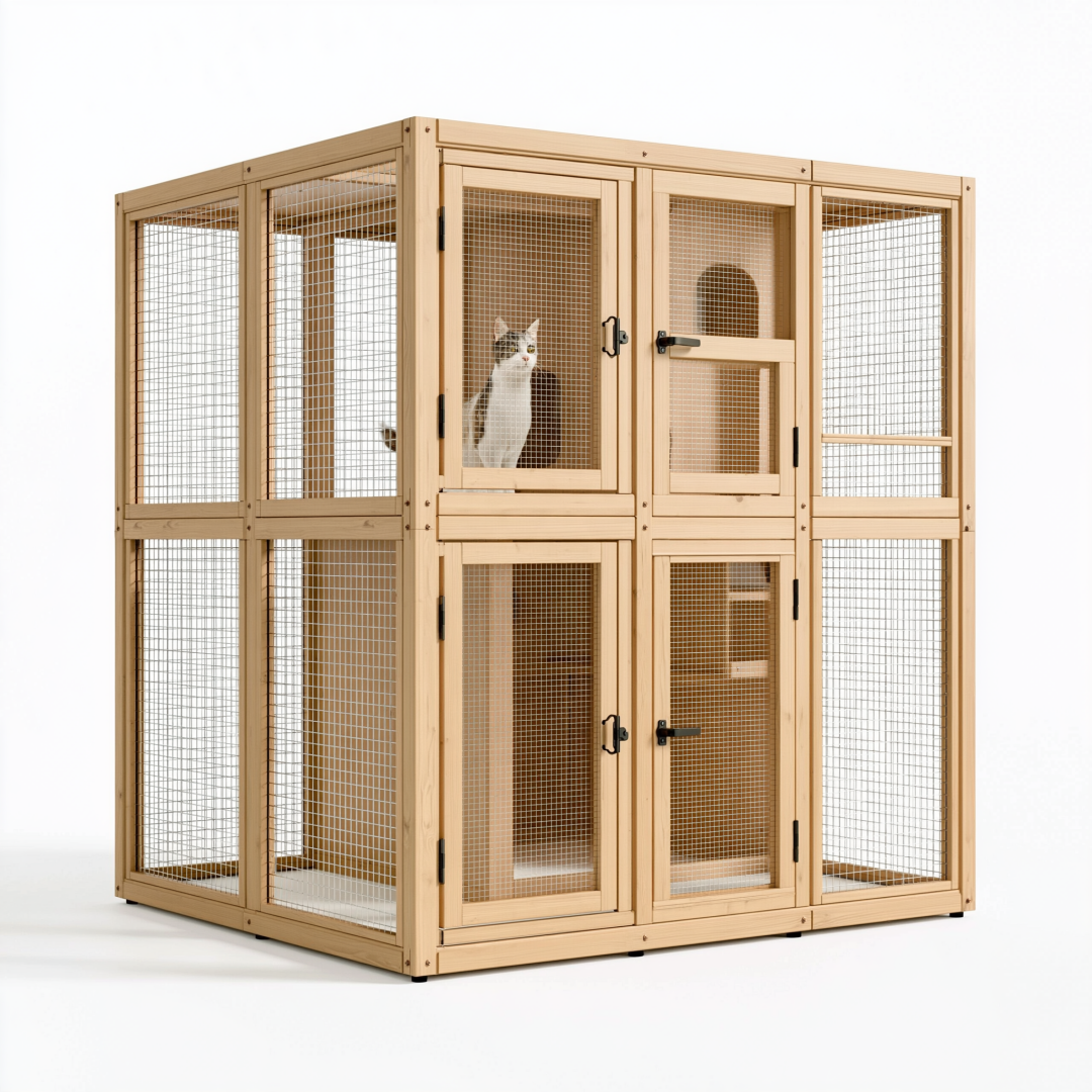Enclos pour chat 180 x 90 x 180 cm en bois naturel et grillage avec portes verrouillables