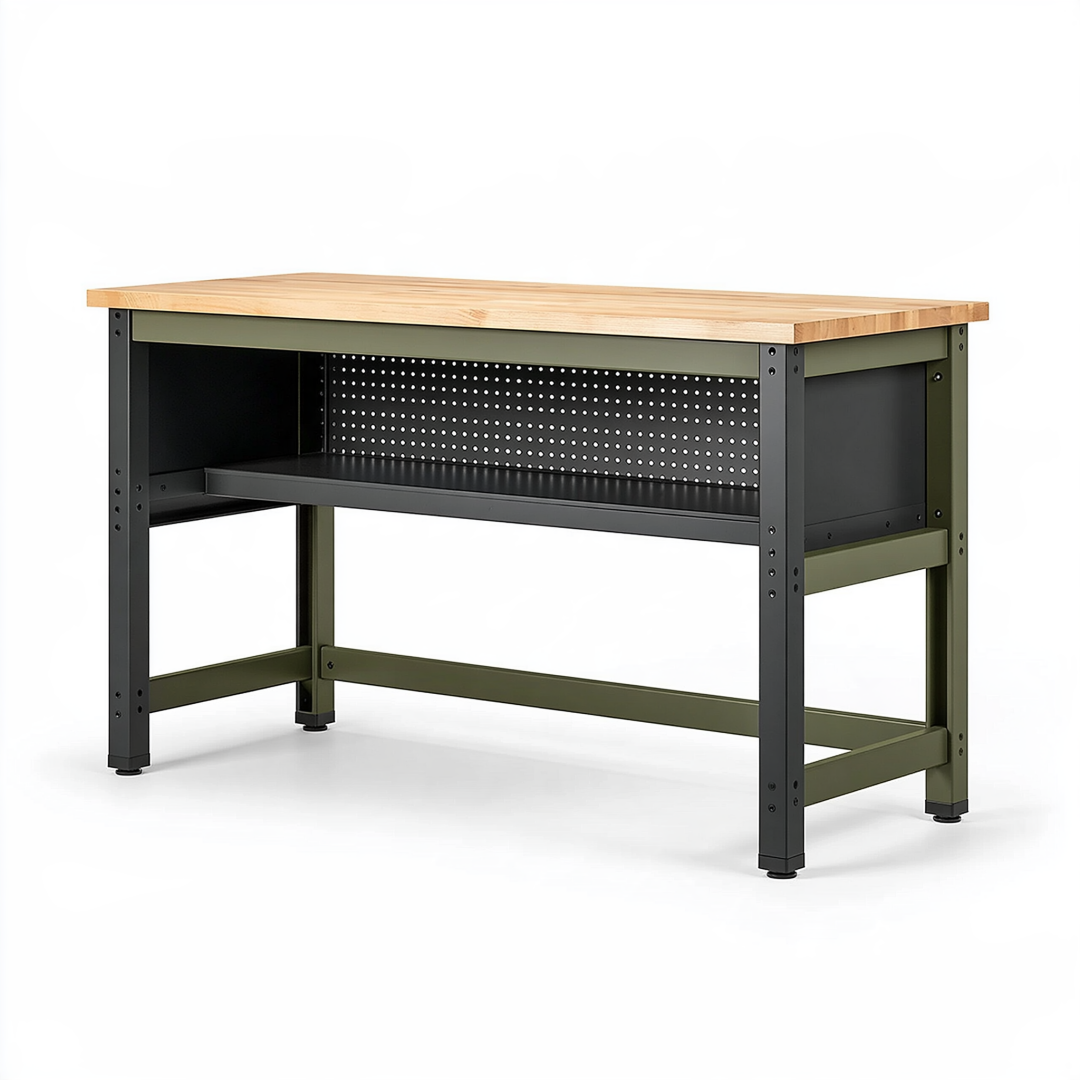 Établi 120 x 60 x 90 cm bois et acier vert noir avec panneau perforé industriel