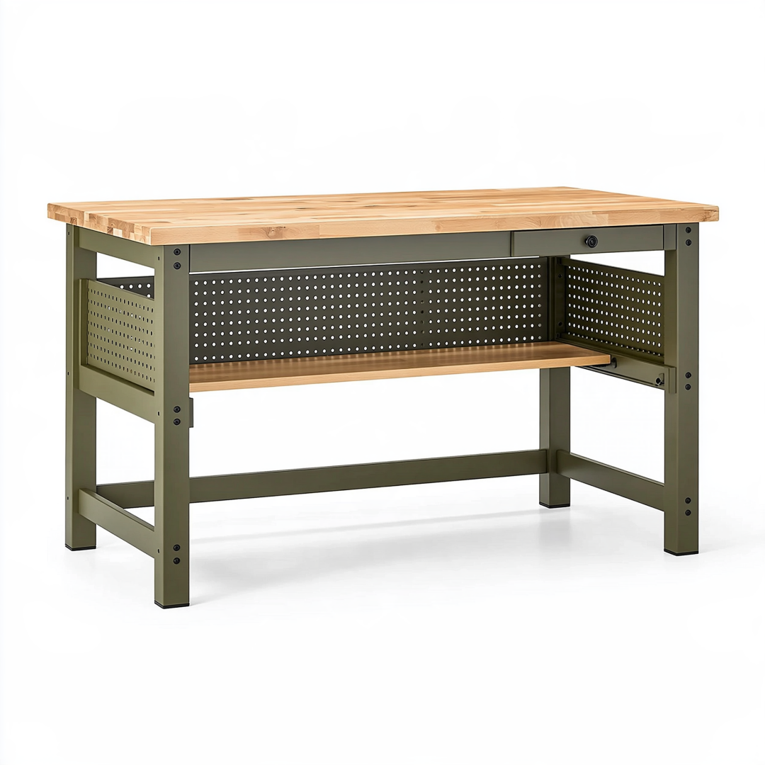 Établi de travail 120 x 60 x 90 cm en bois et acier vert avec tiroir et étagère