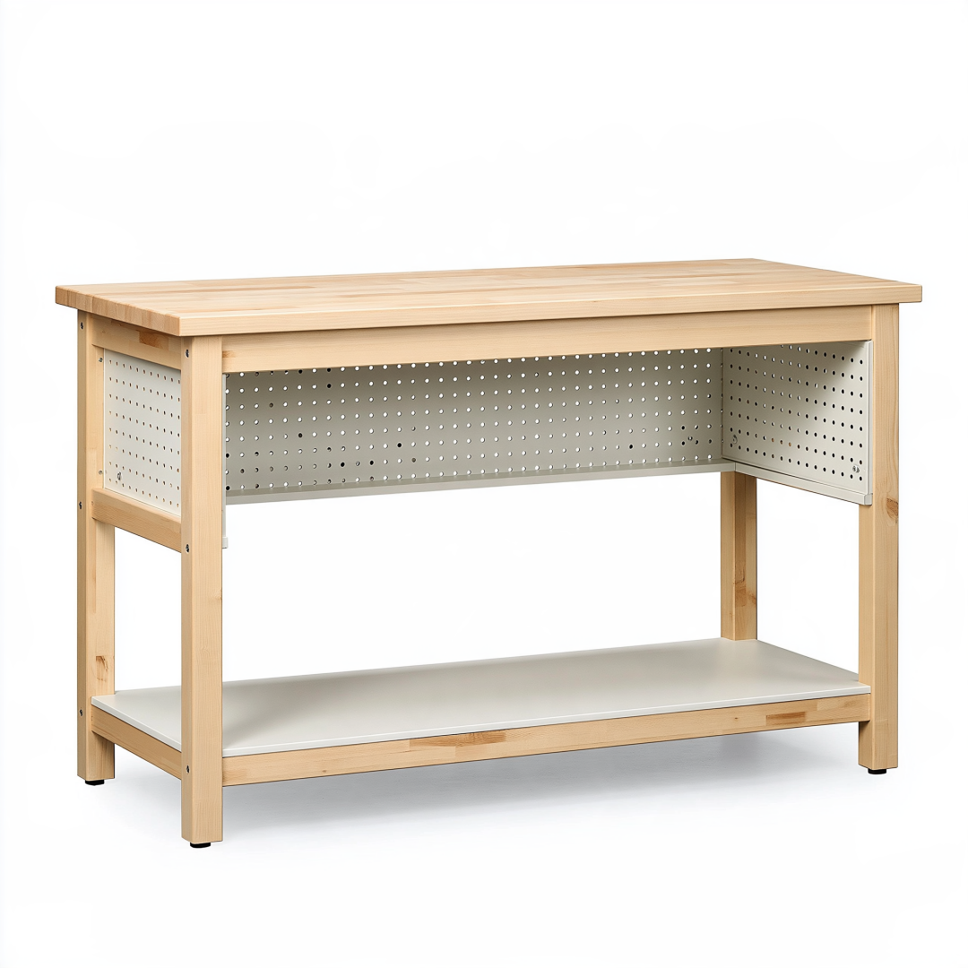 Établi 120 x 60 x 90 cm en bois naturel et métal gris avec panneau perforé et tablette