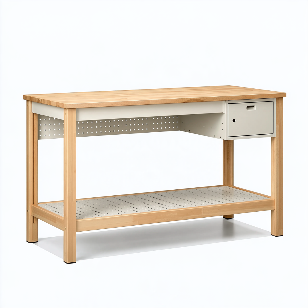 Établi de rangement 120 x 60 x 90 cm en bois naturel et métal gris avec tiroir