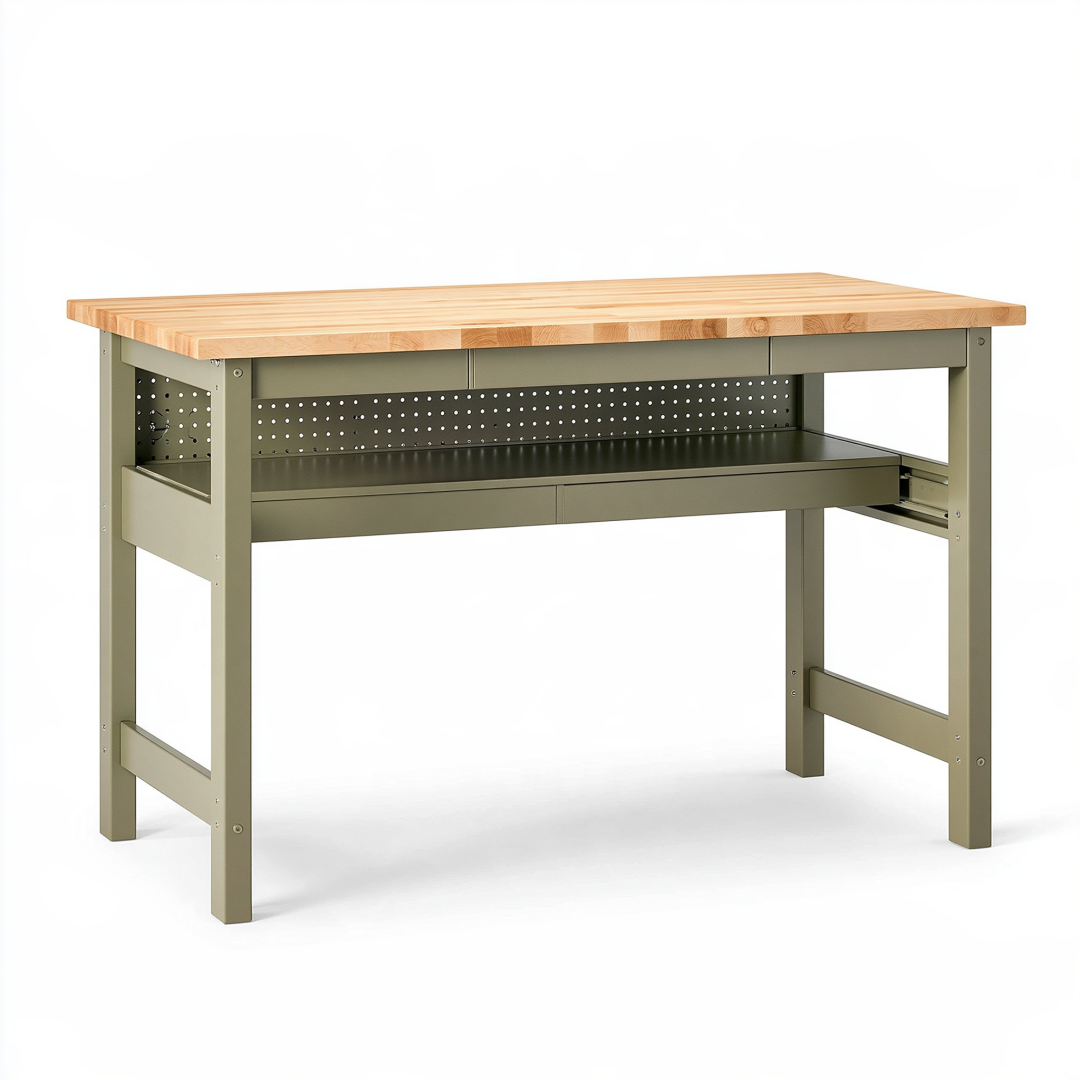 Établi 120 x 60 x 90 cm en bois et acier vert avec tiroirs panneau perforé