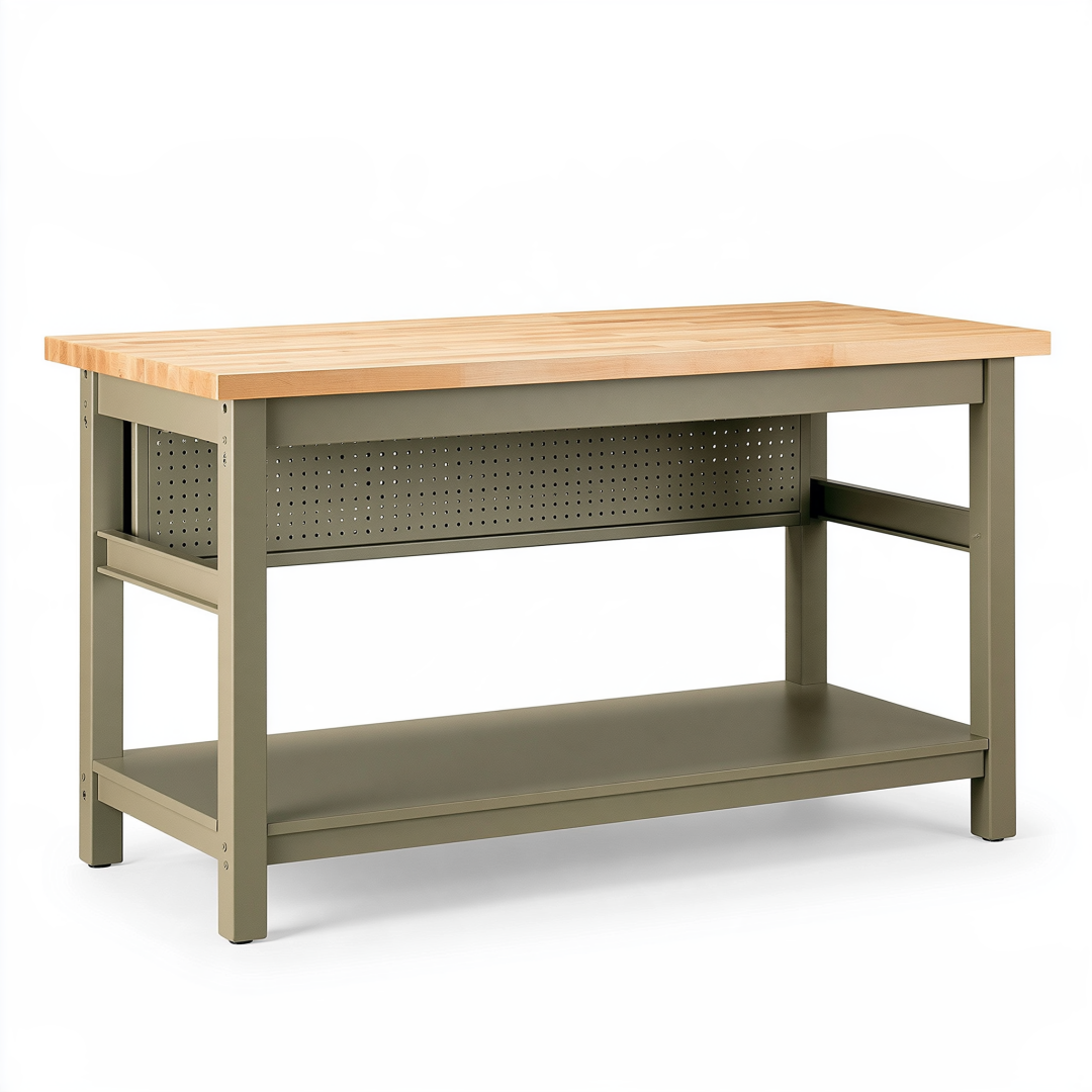 Établi 122 x 61 x 91 cm en acier vert olive avec plateau en bois et étagère de rangement